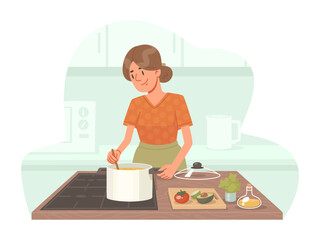 Woman housewife cooks soup in the kitchen. Cooking at home, homemade dish