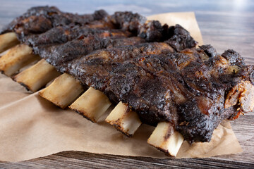 A view of a rack of beef ribs.