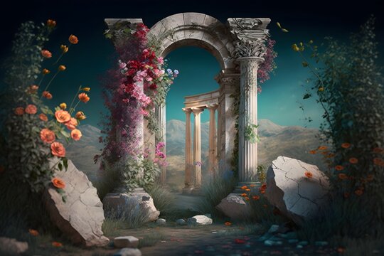 Roman columns with an ancient arch with plants, flowers and roses, Generative AI