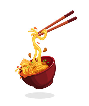 Chicken noodle food bowl and chopstick symbol cartoon illustration vector