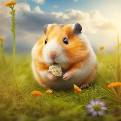 Hamster eating carrots in the meadow illustration concept. Generative AI.