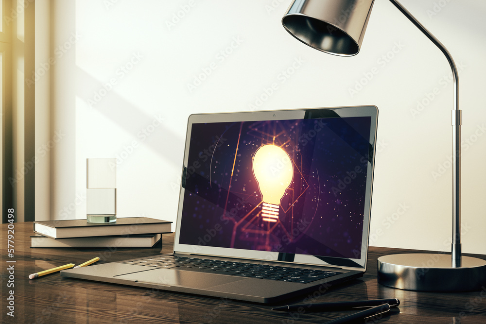 Poster Creative idea concept with light bulb illustration on modern laptop screen. 3D Rendering