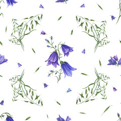 Watercolor seamless pattern of bluebells, wild oats isolated on white background. For greeting card design, invitation template, background, prints, wallpaper, fabric, textile, wrapping.