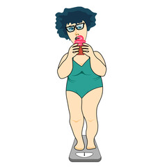 A woman in a swimsuit on a scale with a cupcake in her hands. The concept of a positive body.