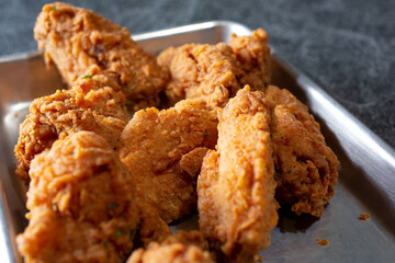 A view of a tray of Korean fried chicken.