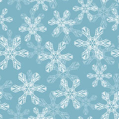 Fototapeta premium Winter seamless pattern with white snowflakes on blue background. Vector illustration for fabric, textile wallpaper, posters, gift wrapping paper. Christmas vector illustration. Falling snow