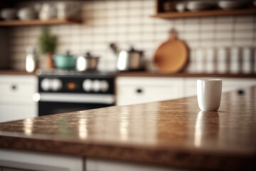 Fototapeta na wymiar Empty wooden kitchen table with blurred background Generative AI