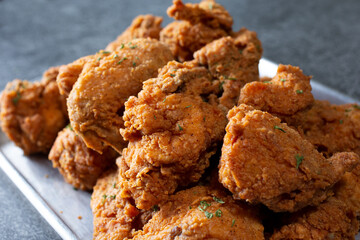 A view of a tray of Korean fried chicken.
