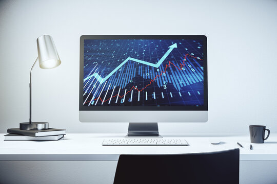Computer monitor with abstract creative financial graph and upward arrow, financial and trading concept. 3D Rendering