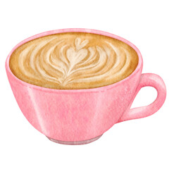 Pink coffee cup with latte art watercolor illustration