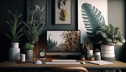 A high-quality photo of a creative workspace, featuring a desk with a laptop, notebook, and other office supplies, as well as plants, art prints, and other decorative elements
