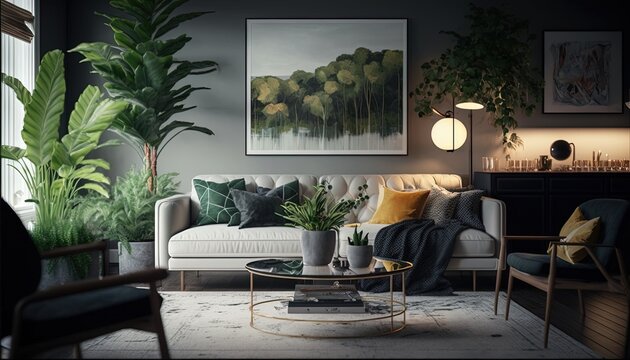 illustration modern living room, featuring a comfortable sofa, coffee table, rug, and other furniture, as well as decorative elements such as artwork, plants, and lighting