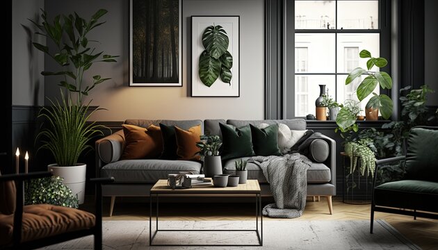 modern living room, featuring a comfortable sofa, coffee table, rug, and other furniture, as well as decorative elements such as artwork, plants, and lighting