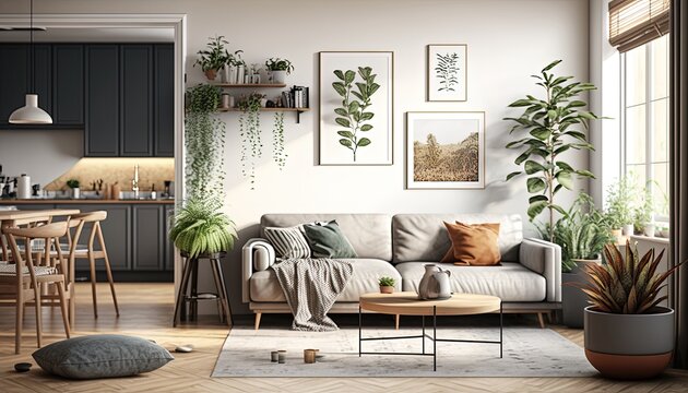 A high quality modern living room, featuring a comfortable sofa, coffee table, rug, and other furniture, as well as decorative elements such as artwork, plants, and lighting
