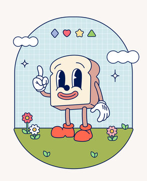 Naklejki Hand draw Funny Retro vintage trendy bread cartoon character Contemporary illustration Doodle Comic collection