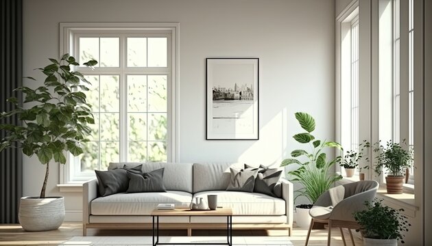 photo of a modern living room, featuring a comfortable sofa, coffee table, rug, and other furniture, as well as decorative elements such as artwork, plants, and lighting