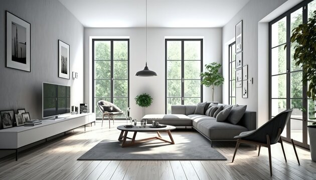 A high-quality photo of a modern living room, featuring a comfortable sofa, coffee table, rug, and other furniture, as well as decorative elements such as artwork, plants, and lighting