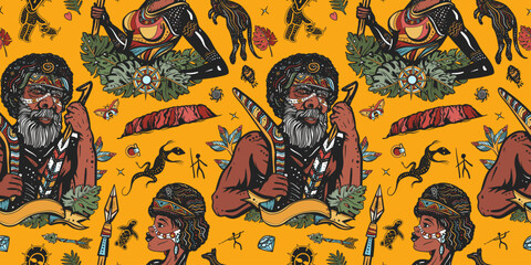 Australia seamless pattern. Ethnic Australian aboriginal tribes bushmen. Boomerang, rock painting, kangaroo. Retro old school tattoo vector background