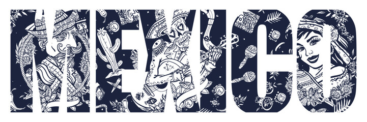 Mexico slogan. Skeleton with guitar, mexican woman. Day Of Dead art. Old school tattoo vector art. National culture and people style