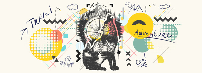 Wolf and mountains double exposure. Banner. Symbol of tourism, travel, adventure and outdoor. Zine culture concept. Hand drawn vector glitch tattoo, contemporary cyberpunk collage