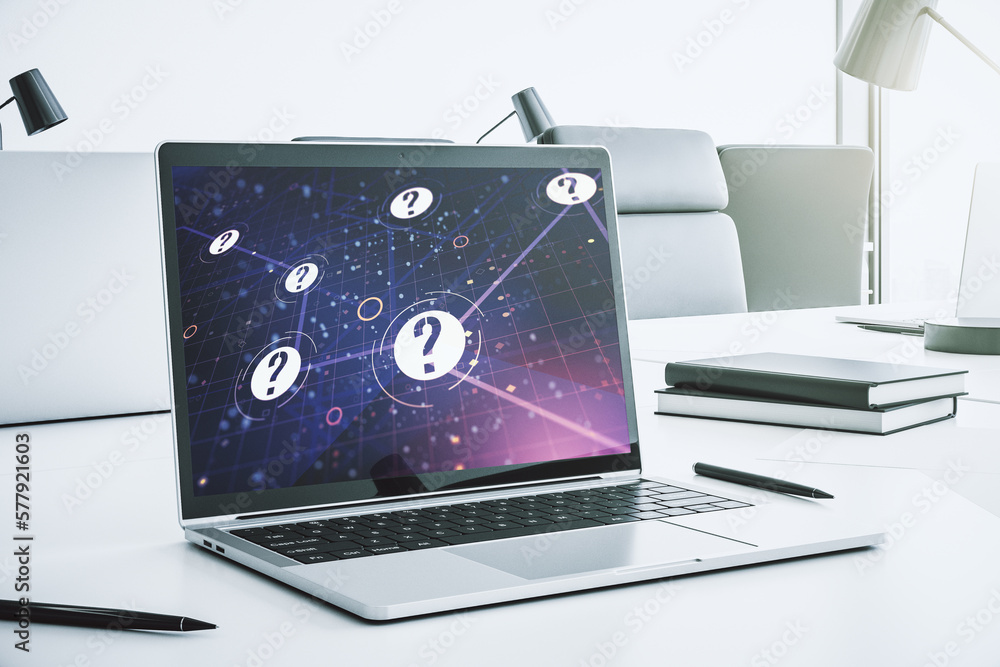 Aufkleber creative concept of question mark illustration on modern laptop screen. faq and search concept. 3d r