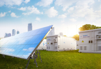 Amount of energy storage systems or battery container units with solar and turbine farm © phonlamaiphoto