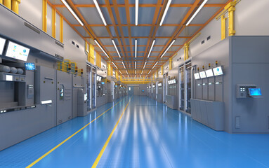 Fototapeta premium White futuristic semiconductor manufacturing factory or laboratory interior with machine and computer screen