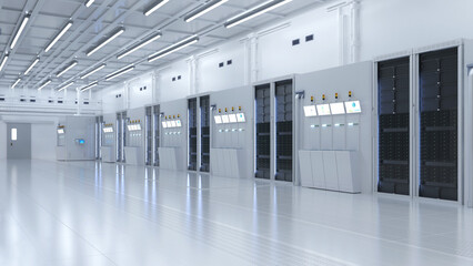 White futuristic semiconductor manufacturing factory or laboratory interior with machine and computer screen