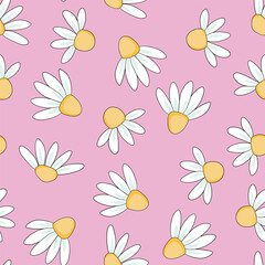 Fototapeta premium Seamless floral pattern based on traditional folk art ornaments. Colorful chamomile, daisy flowers on color background. Scandinavian style. Vector illustration. Simple minimalistic pattern