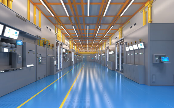 White futuristic semiconductor manufacturing factory or laboratory interior with machine and computer screen