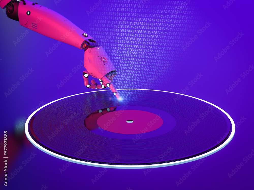 Poster ai music composer or generator with robot with vinyl record