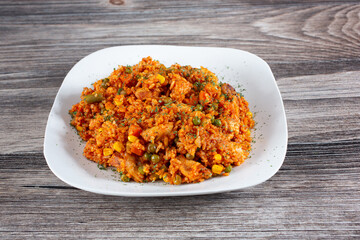 A view of a plate of jambalaya.