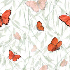 Fototapeta na wymiar Watercolor seamless pattern of flying orange butterflies isolated on background of wild oats. For greeting card design, invitation template, background, prints, wallpaper, fabric, textile, wrapping.