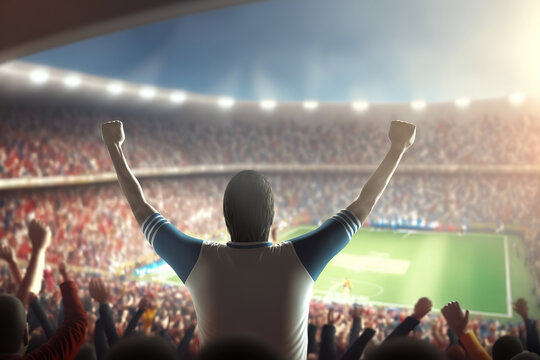 A fan is standing for celebration the victory during cheering the team at football stadium, sport match activity scene. Generative Ai image.