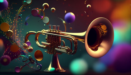 Colorful carnival background with realistic trumpets, Generative AI