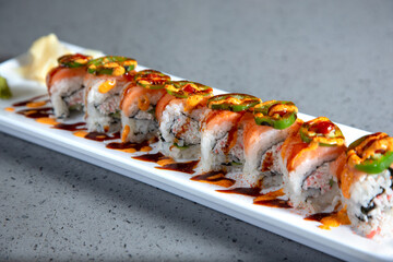 A view of a spicy salmon sushi roll.