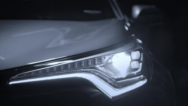 Driver start engine drive car with traffic turn on LED daylight headlight at night then turn on turning light before drive to vehicle to business at night with high beam laser light
