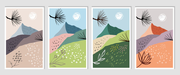 Fototapeta na wymiar Set of vector minimalist hand painted illustrations with with mountains, sky, sun, flowers and trees. Winter, spring, summer, autumn.