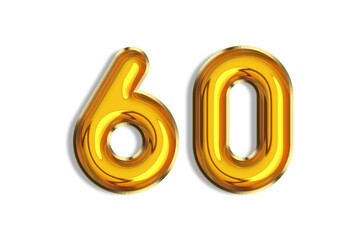 60 years old. Gold balloons, 60th anniversary number, happy birthday congratulations. Illustration of golden realistic 3d symbols. Banner, icons isolated on white background.