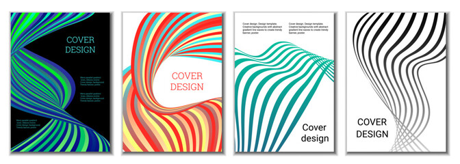 A set of 4 abstract covers. Wavy parallel gradient lines, ribbons evolve. Cover design, background. Trendy banner, poster.