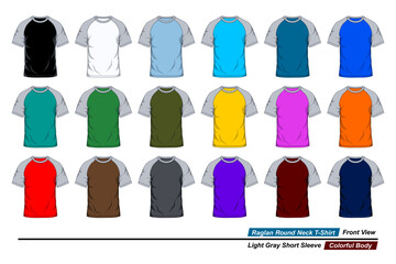 Front view of round neck raglan t-shirt, light gray short sleeve and colorful body