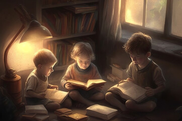 illustration of children reading a book cartoon version