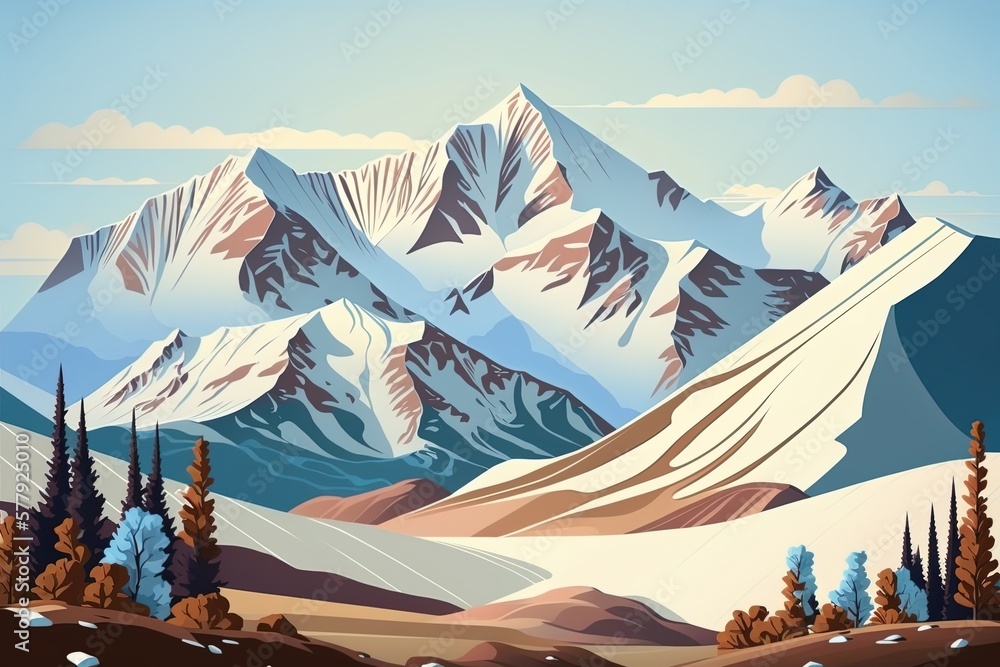 Poster scenery with snowy altai mountains in the backdrop generative ai