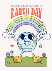 Funny vintage Retro trendy style Environment friendly earth day cartoon character Contemporary illustration Doodle Comic rainbow poster
