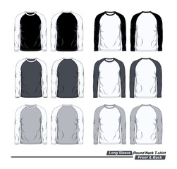 Long sleeve round neck raglan t-shirt, front and back view, black, white and gray