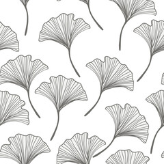 Seamless floral pattern with ginkgo biloba leaves. Art flowers on color background. Decorative sceleton leaf. Vector hand drawn illustration. Minimal linear style