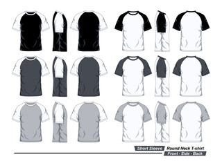 Short sleeve round neck raglan shirt, front, side and back view, black, white and gray