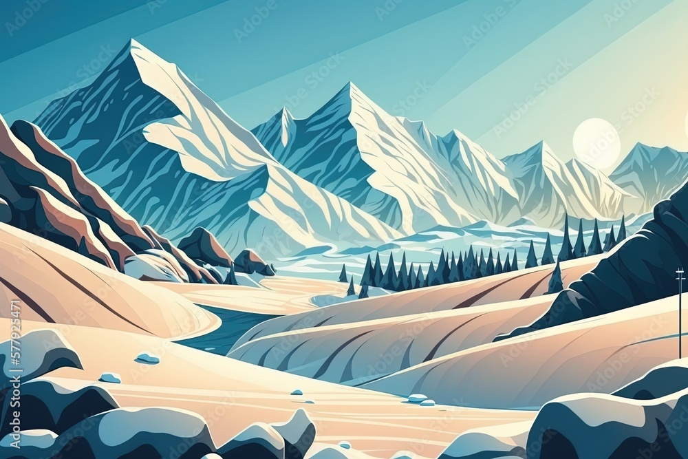Poster abstraction of a winter alpine panorama with snow-capped peaks generative ai