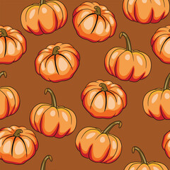Seamless pattern with halloween pumpkins on color background. Scary and funny faces. Cute Pumpkin or ghost. Vector autumn holidays illustration