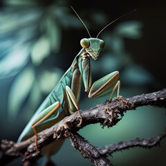the praying mantis perched on a branch - obrazy, fototapety, plakaty